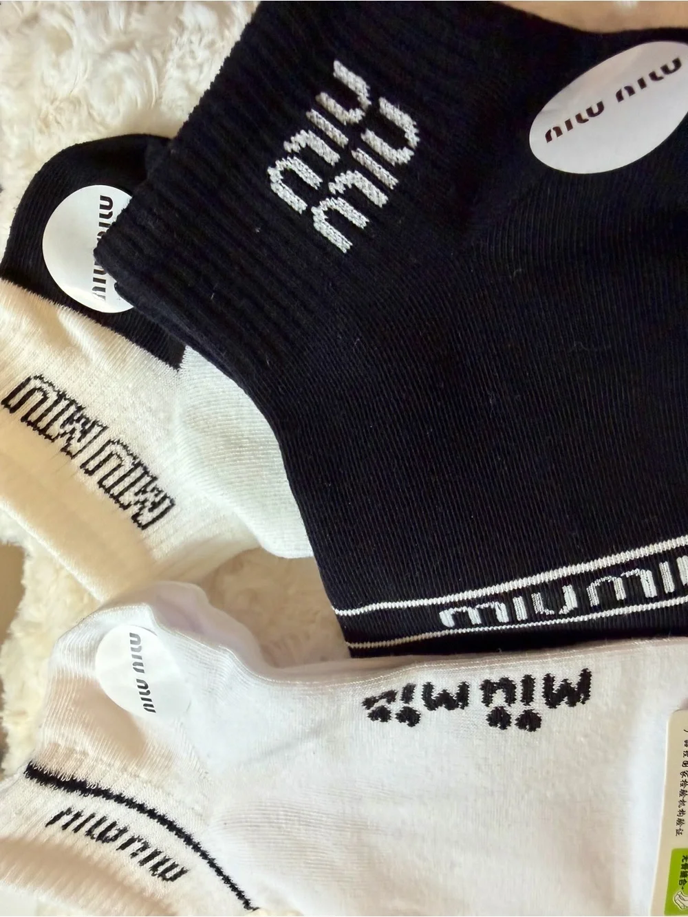 Miu Miu Black & White Ankle Socks Trio with Logo Trim